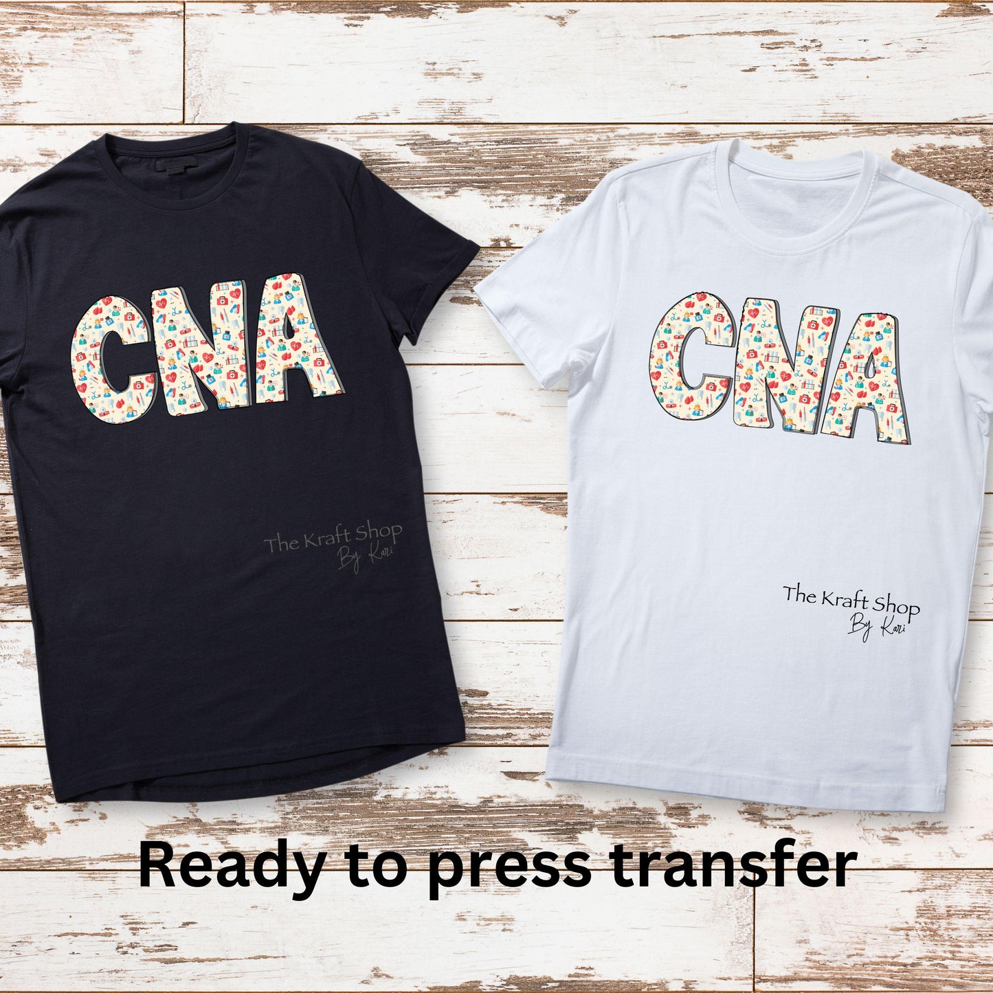 DTF ready to press transfer. CNA patterned with medical items shirt transfer, Direct to film heat press transfer. #11329