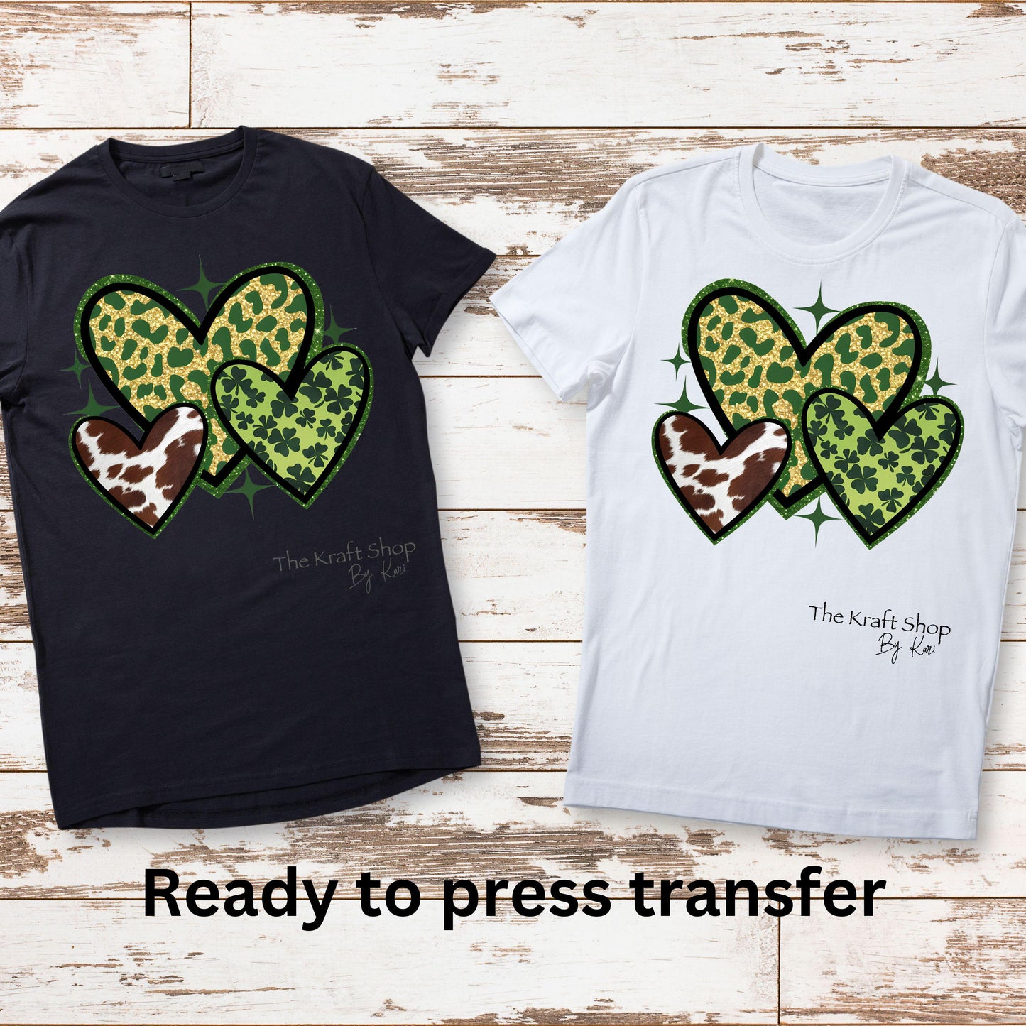 DTF ready to press transfer. St. Patrick's Day Leopard Cowhide Hearts Luck Of The Irish, Direct to film heat press transfer. #11290