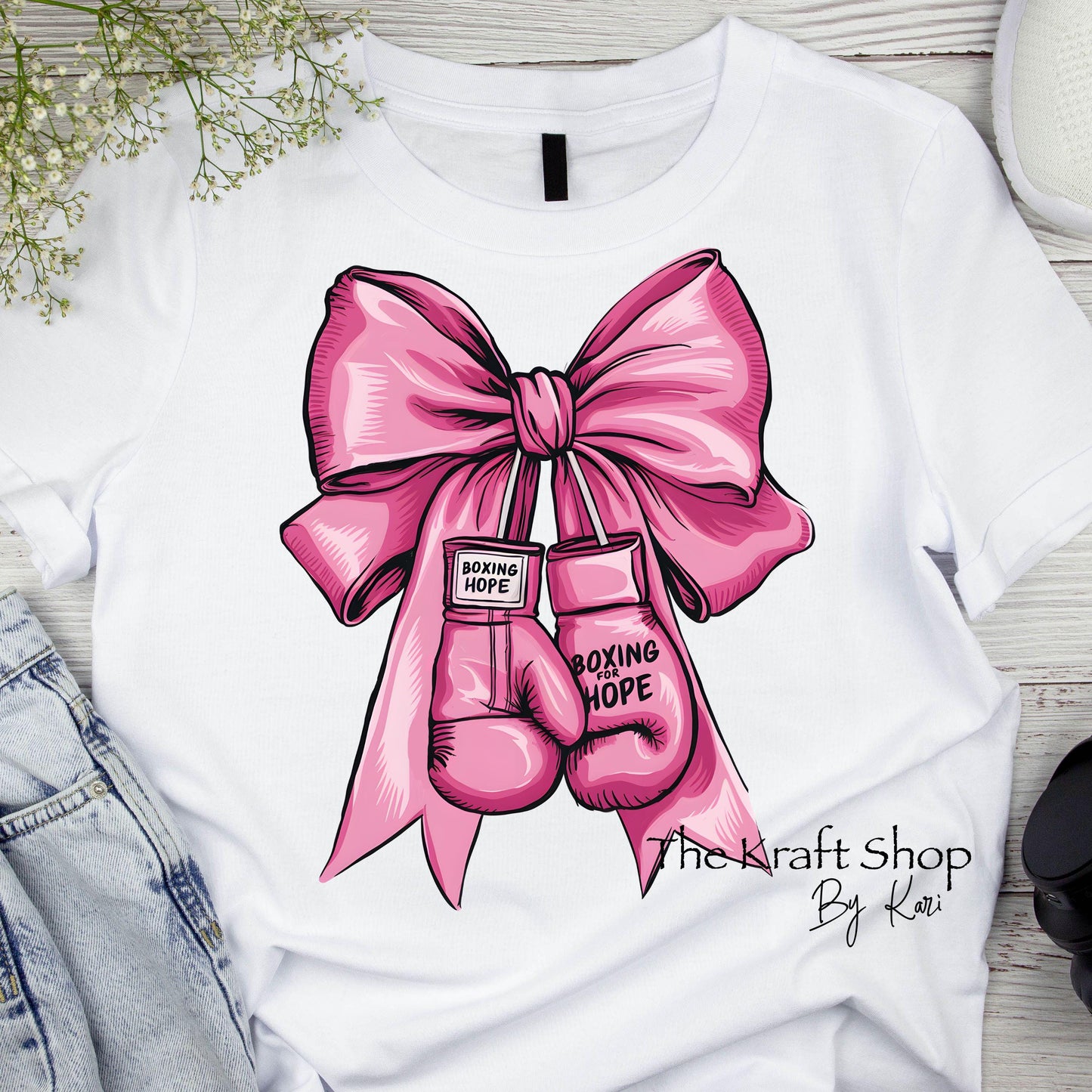 DTF ready to press transfer. Breast Cancer Ribbon Bow Boxing for Hope, Direct to film heat press transfer. #11293