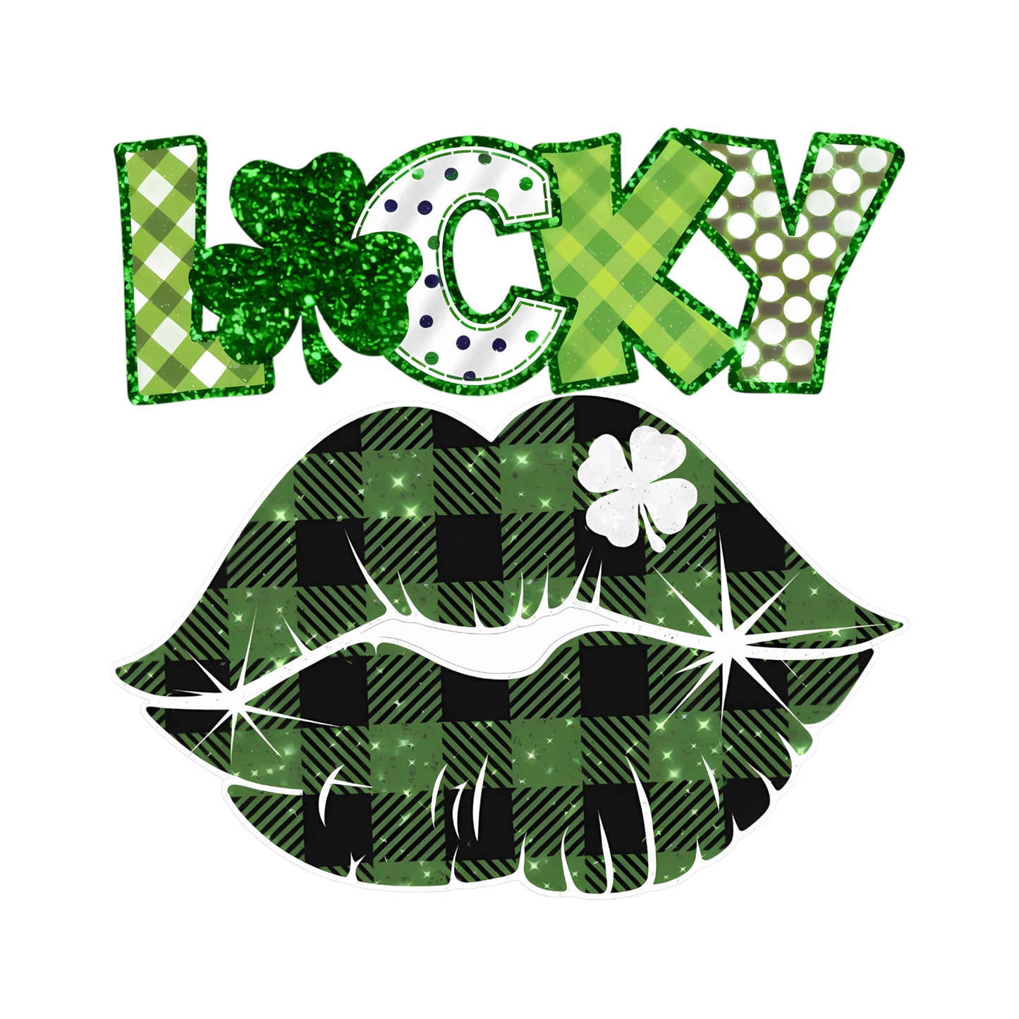 UV DTF Sticker print. Lucky Lips green buffalo check St Patrick's Day tumbler decal. #7287