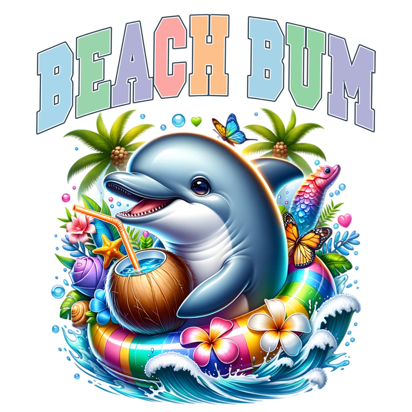 UV DTF Sticker print. Beach Bum Dolphin in a float tube for summer tumbler decal. #4388