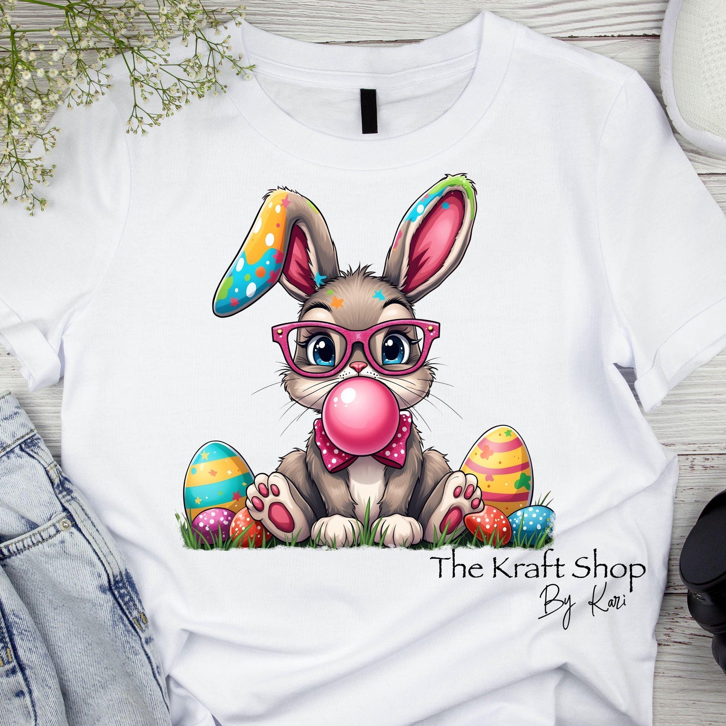 DTF ready to press transfer. Pink Glasses Easter Bunny Blowing Pink Bubble, Direct to film heat press transfer. #11315