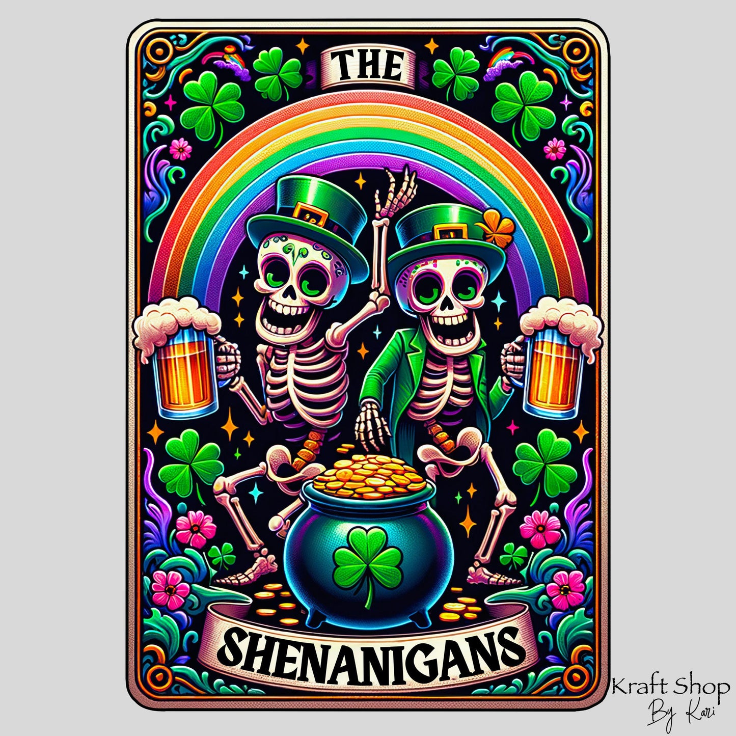 UV DTF Sticker print Shenanigans St Patricks Day Skeletons tarot card decal, tumbler decal, permanent sticker. #7286