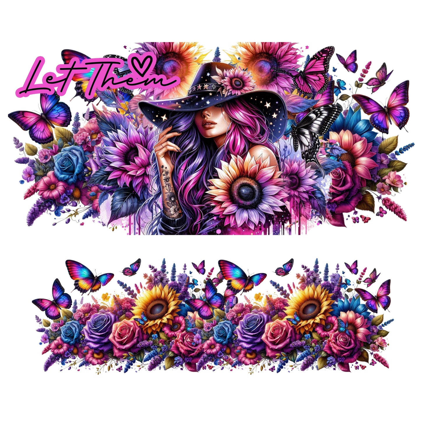UV DTF 40 oz ready to apply Purple let them tattoo girl with flowers and butterflies wrap decal , quencher tumbler decal #3088