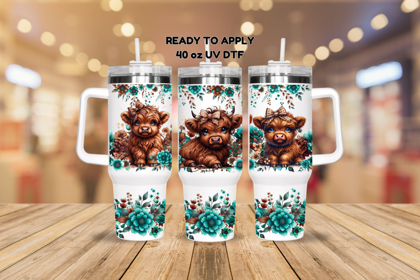 UV DTF 40 oz ready to apply Teal Brown Highland Cows with blue eyes and flowers wrap decal , quencher tumbler decal #3089