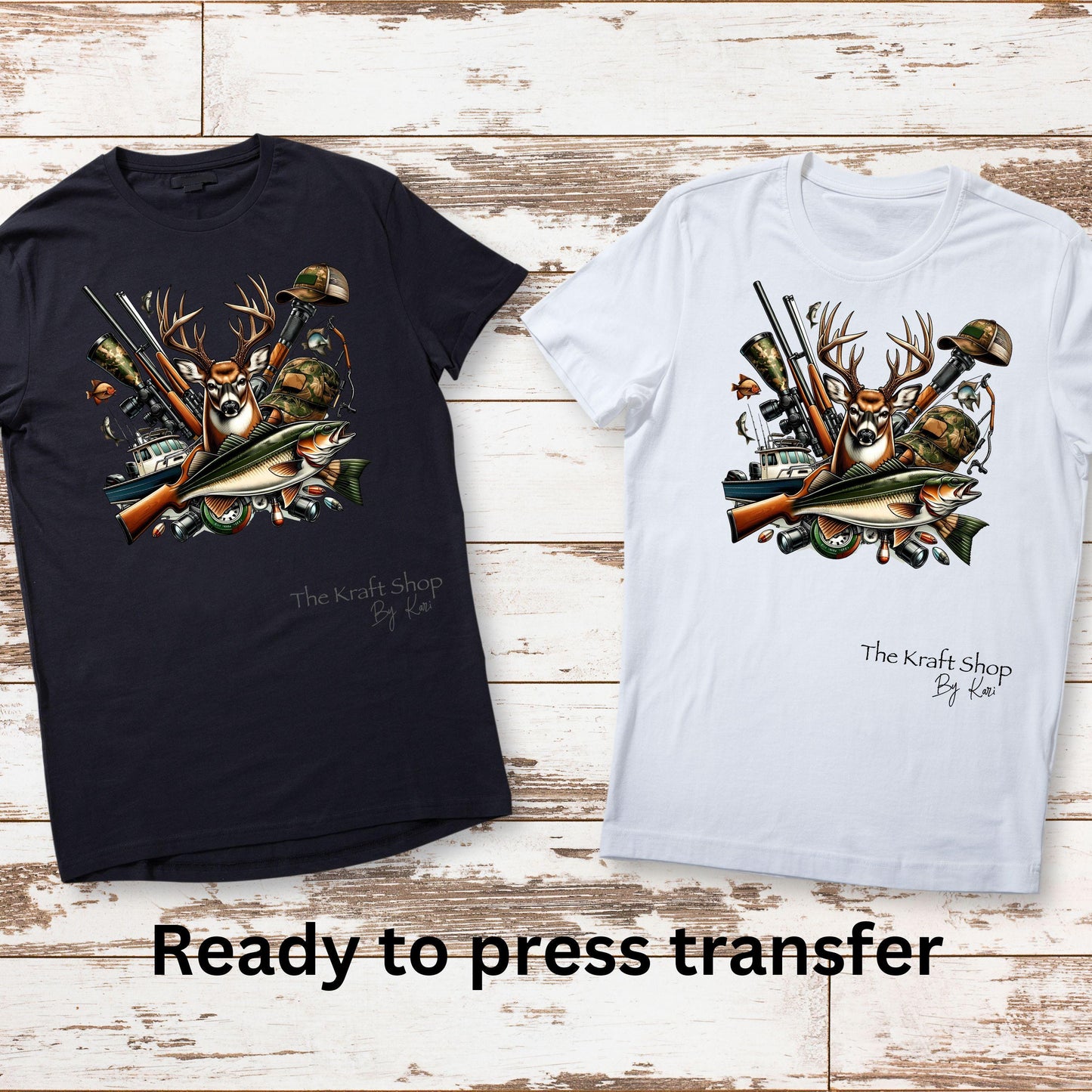 DTF ready to press transfer. Deer and fish hunter camo colors shirt, Direct to film heat press transfer. #11322
