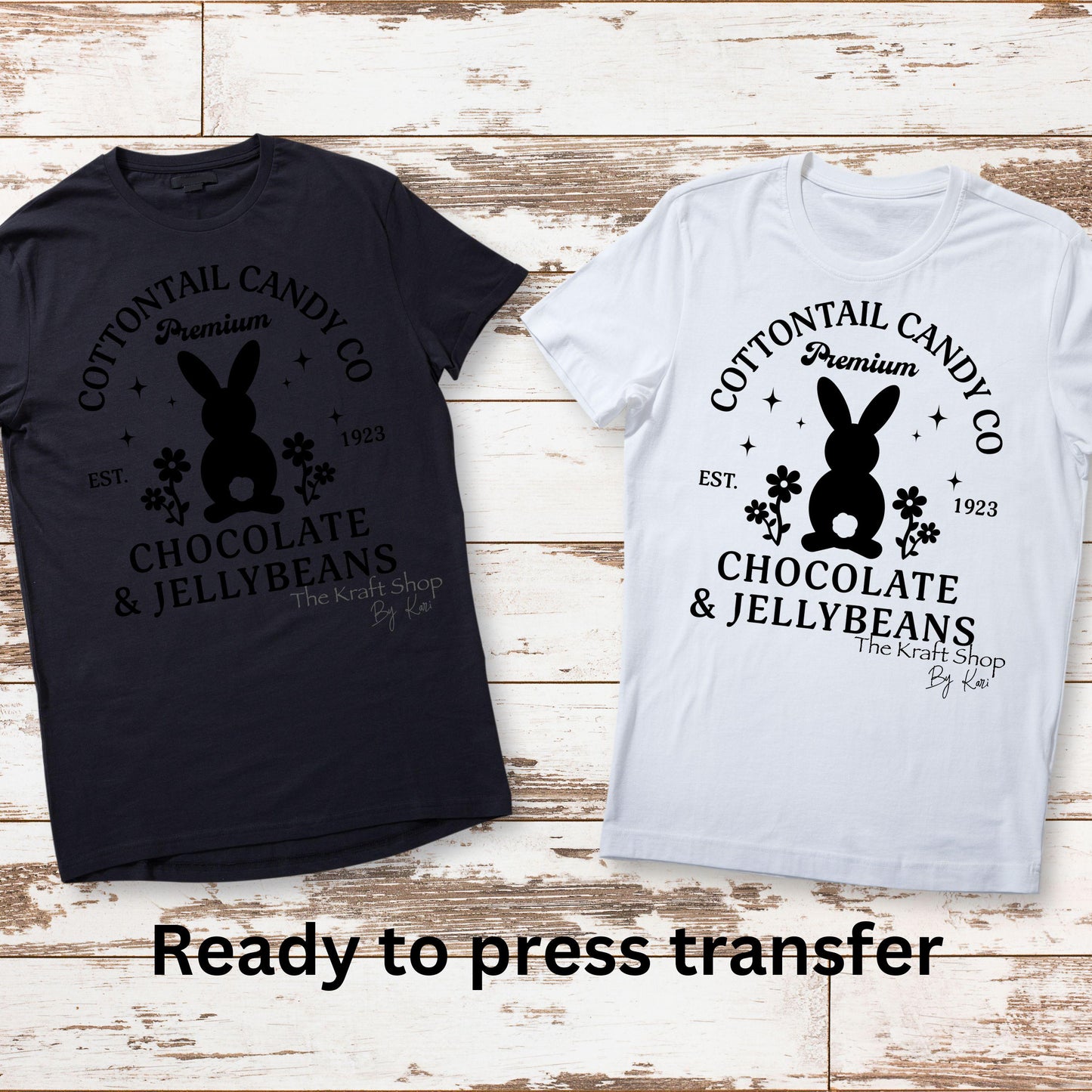 DTF ready to press transfer. Cottontail Candy Co chocolate and jellybeans shirt transfer, Direct to film heat press transfer. #11337