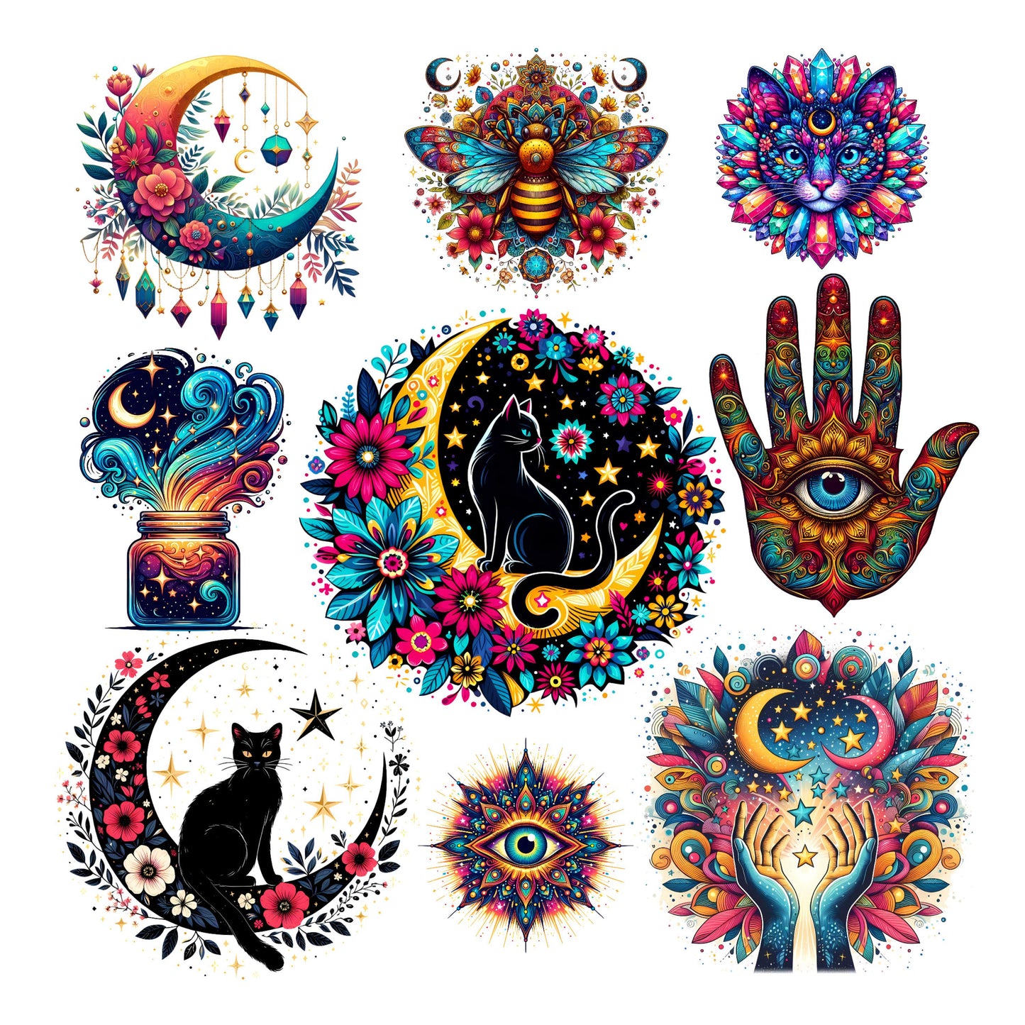 UV DTF Sticker print Celestial cat Element sheet 8x8 decal, tumbler decal, permanent sticker. #10164