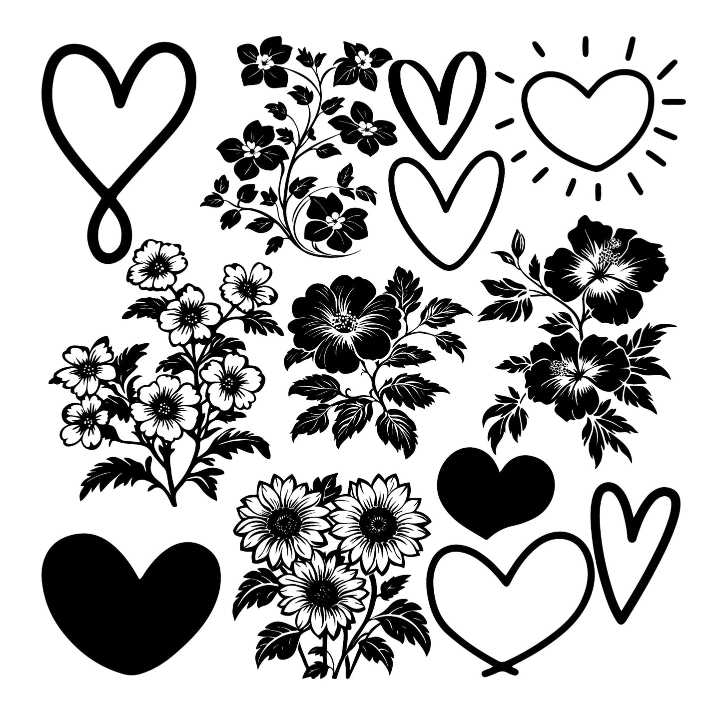 UV DTF Sticker print Black hearts and flowers Element sheet 8x8 decal, tumbler decal, permanent sticker. #10165