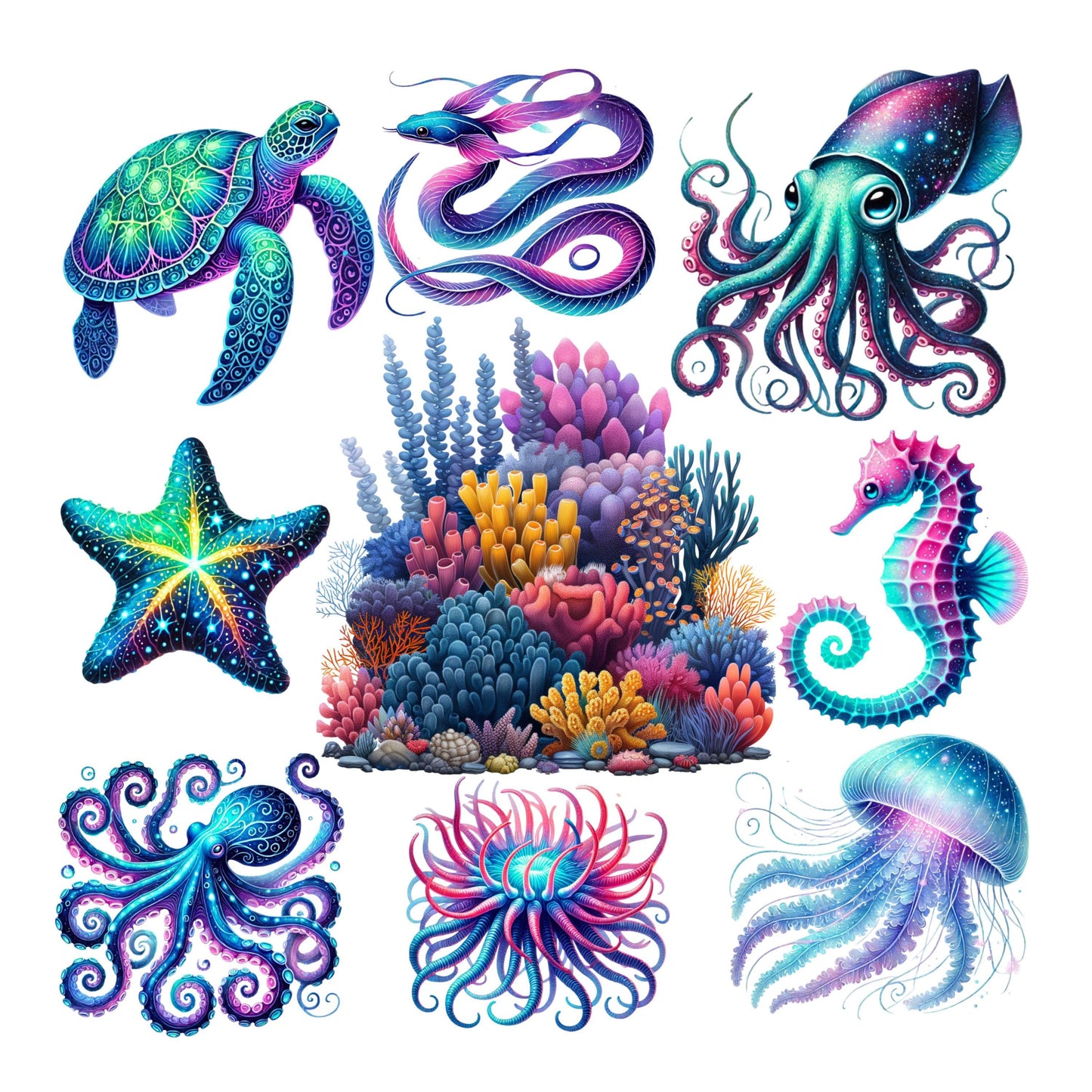 UV DTF Sticker print Sea creature Element sheet in two sizes decals, tumbler decal, permanent sticker. #10172