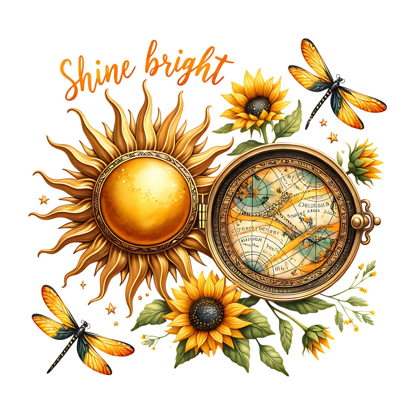 UV DTF Sticker print. Sunflowers dragonfly and compass shine bright decal, tumbler decal, permanent sticker. #4398