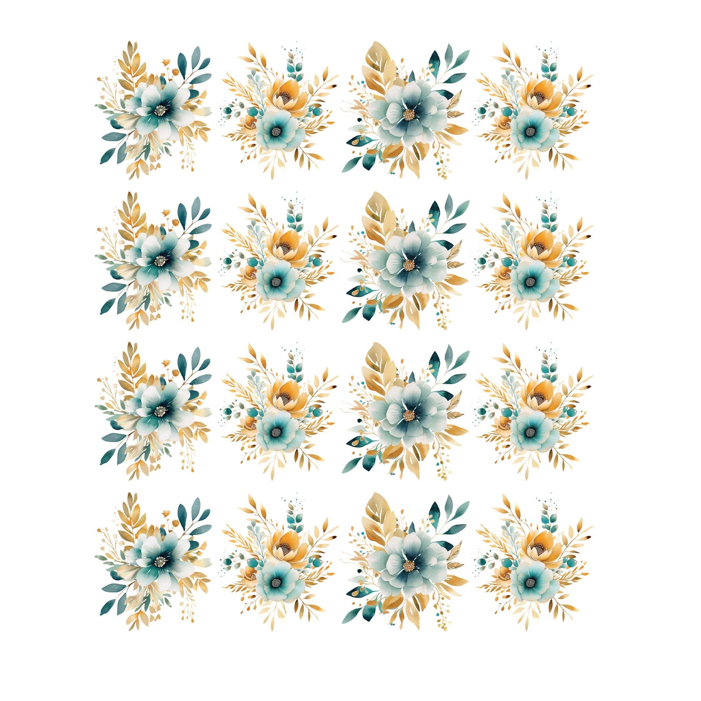 UV DTF Sticker print. Teal gold flower element bundle of decals tumbler decal. #10176