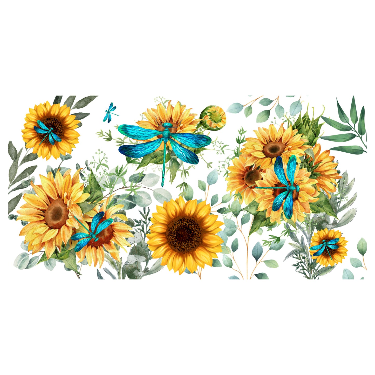 UV DTF Sticker print. Sunflowers teal dragonflies wrap decals tumbler decal. #5258