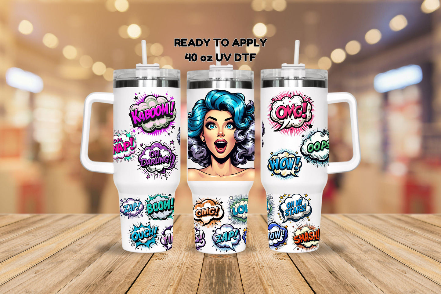 UV DTF 40 oz ready to apply Pop art blue hair girl retro wrap permanent sticker. UV wrap quencher #3101