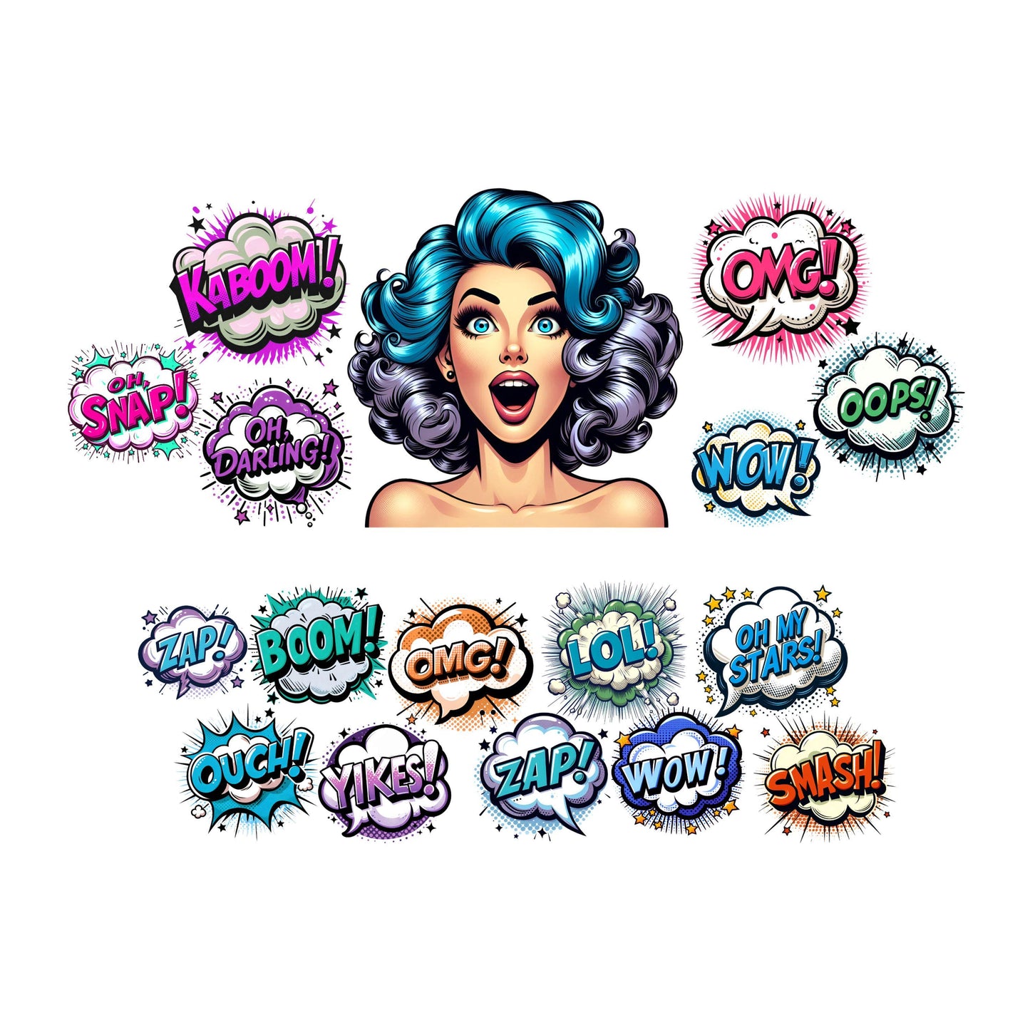 UV DTF 40 oz ready to apply Pop art blue hair girl retro wrap permanent sticker. UV wrap quencher #3101