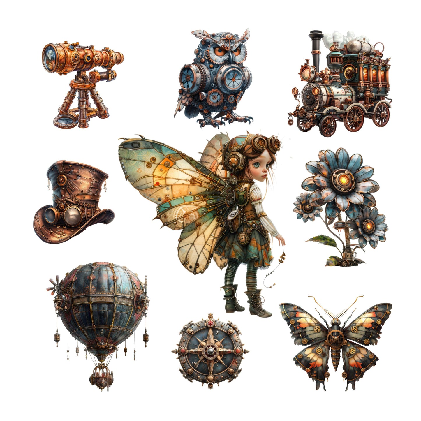 UV DTF Sticker print. Steampunk owl girl element decal. UV wrap for glass can tumbler.#10153