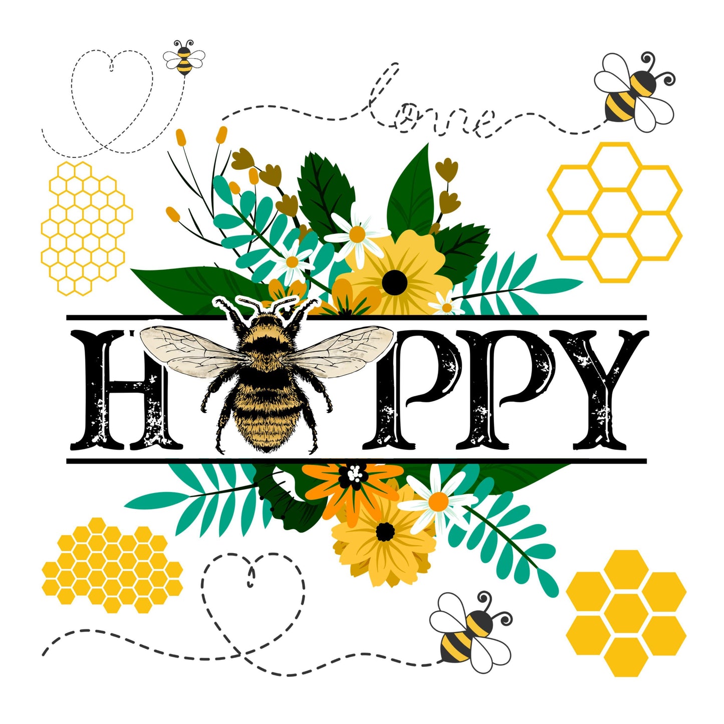 UV DTF Sticker print. Bee Happy element decal. UV wrap for glass can tumbler.#10155