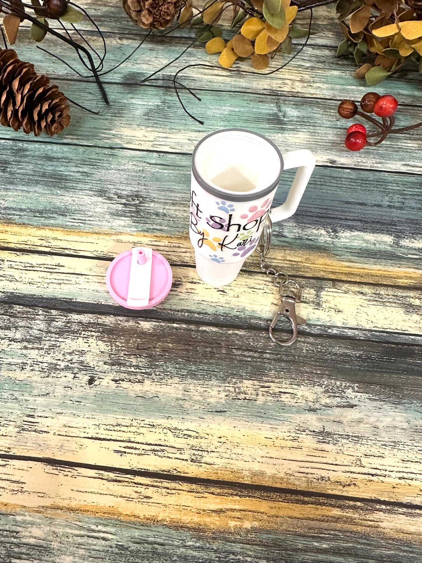 The Kraft Shop By Kari mini tumbler keychain chapstick or money holders. White, pink and grey keychain