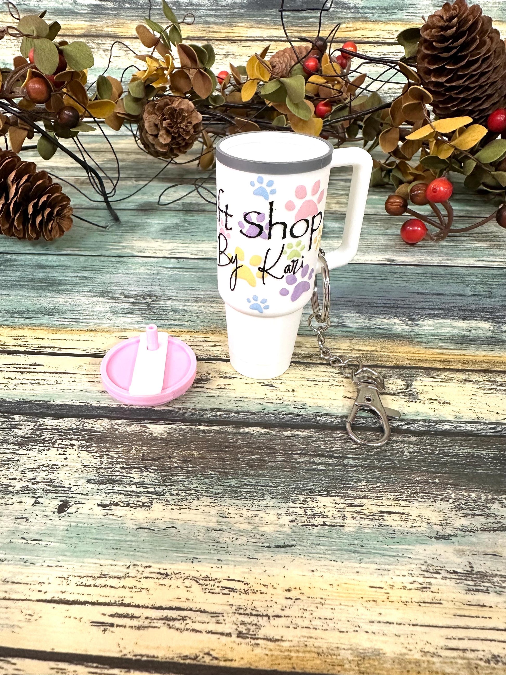 The Kraft Shop By Kari mini tumbler keychain chapstick or money holders. White, pink and grey keychain