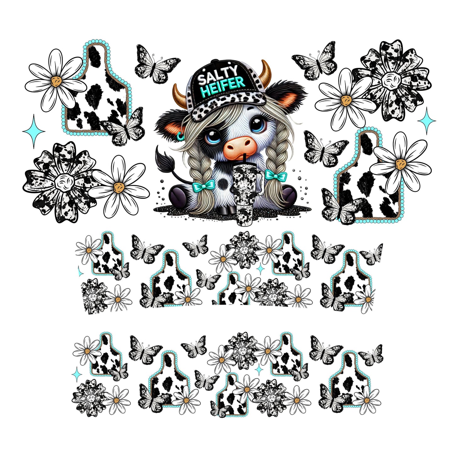 UV DTF 40 oz ready to apply Salty Heifer with teal accents, flowers and butterflies decal permanent sticker. UV wrap quencher #3109