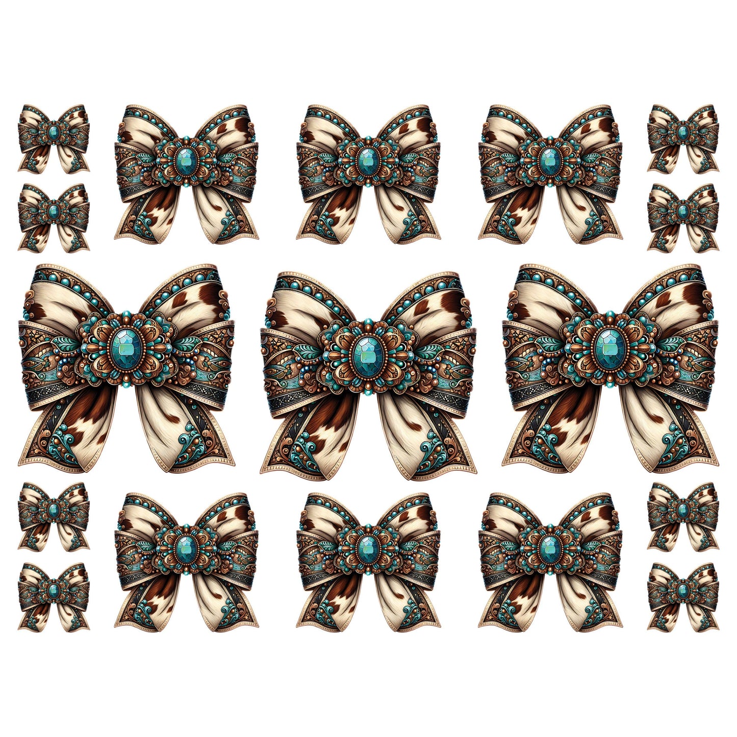 UV DTF Sticker prints. Western teal bow element sheet with cow print ribbon decal, permanent sticker.#10182