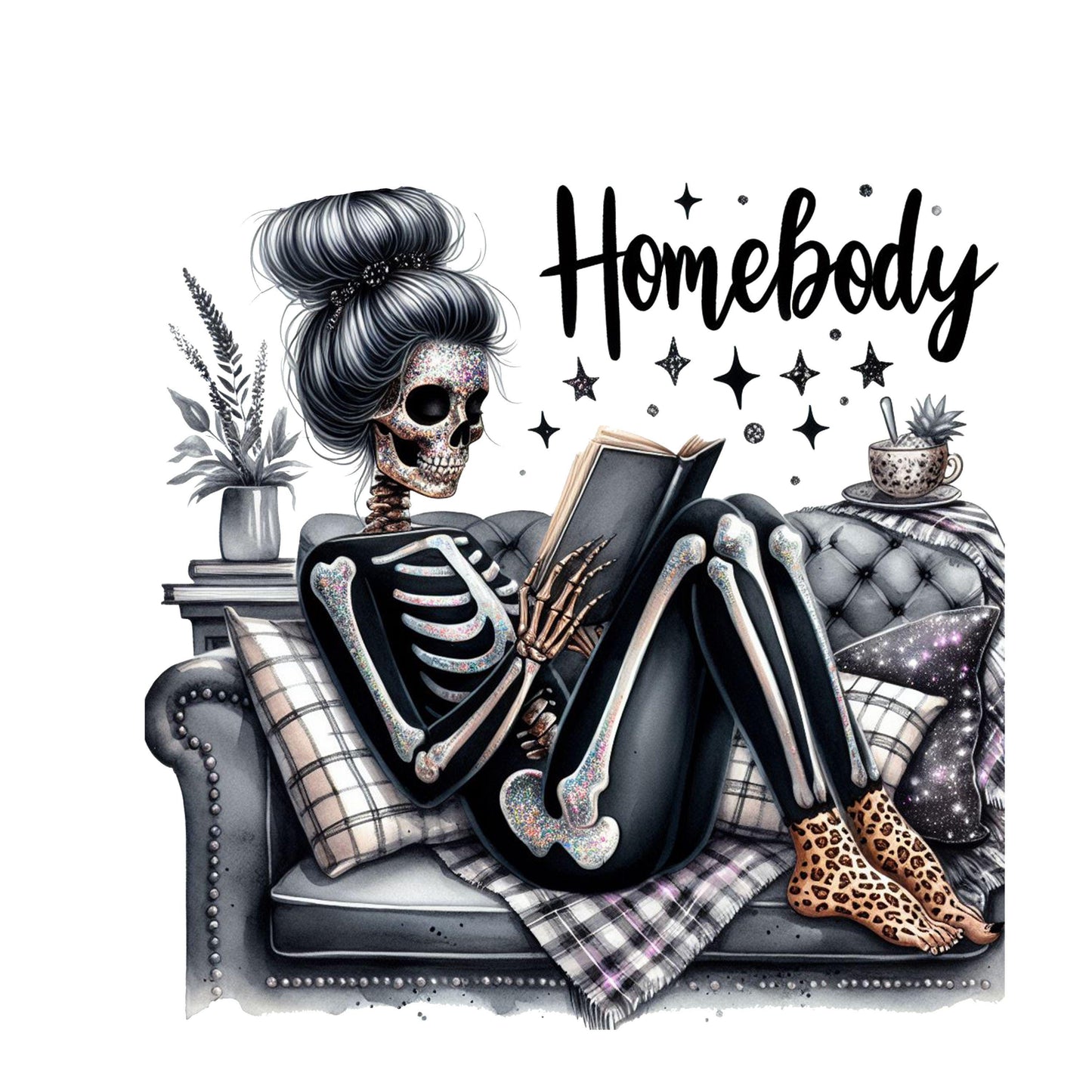 UV DTF Sticker print. Homebody skeleton reading a book and cheetah print decal, tumbler decal, permanent sticker. #4403