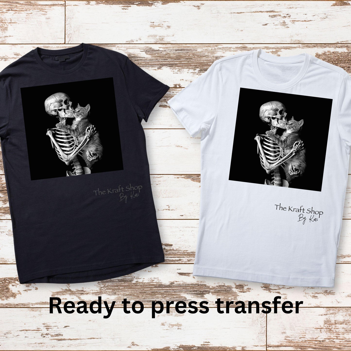 DTF ready to press transfer. Skeleton holding a cat in black box image, Direct to film heat press transfer. DTF Print #11359