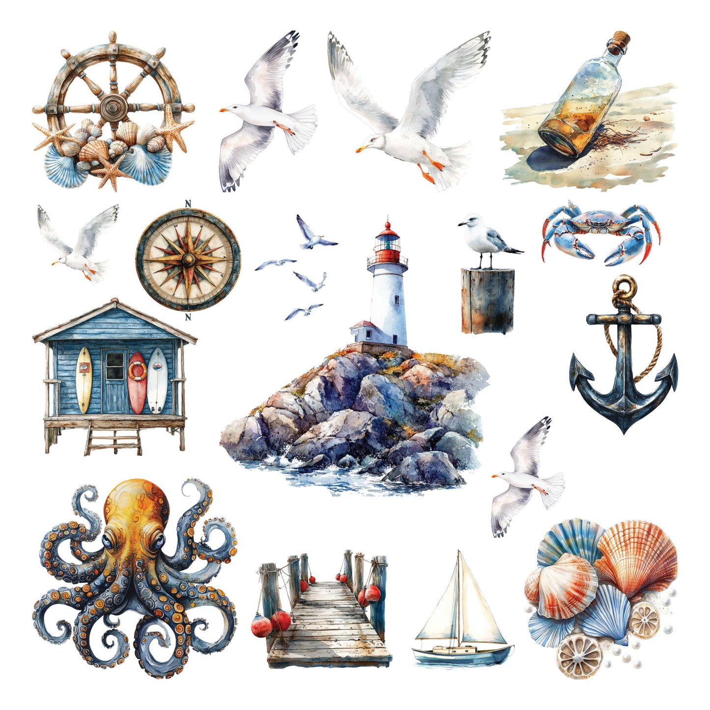 UV DTF Sticker prints. Nautical element sheet bundle with lighthouse, octopus and seagulls decals, permanent sticker. #10185