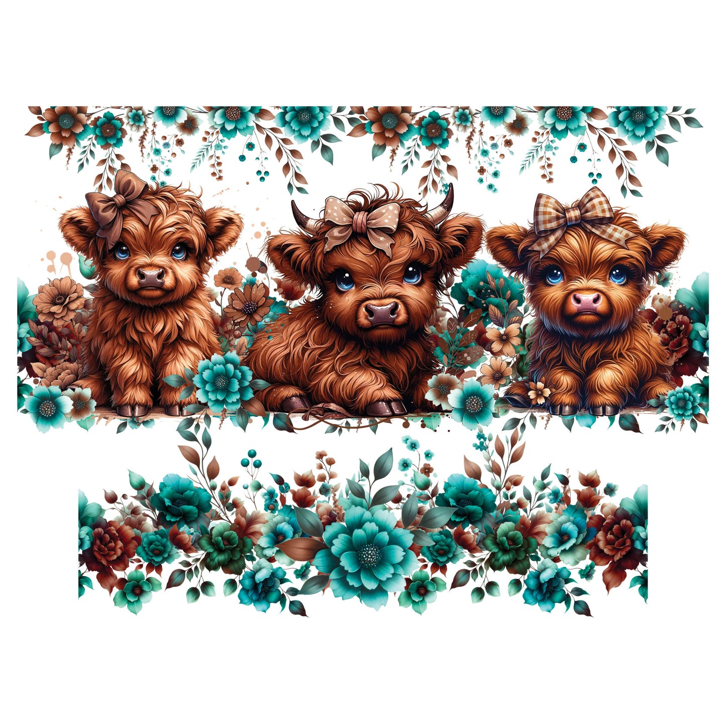 UV DTF 40 oz ready to apply Teal Brown Highland Cows with blue eyes and flowers wrap decal , quencher tumbler decal #3089