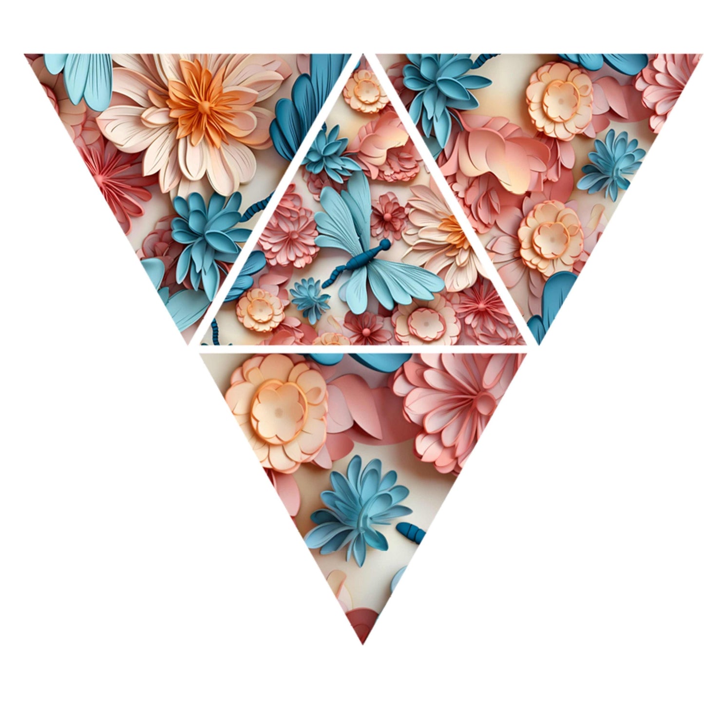 UV DTF Sticker print. Triangle Dragonfly with 3D flowers peach and teal vsplit helper tumbler decal. #5264