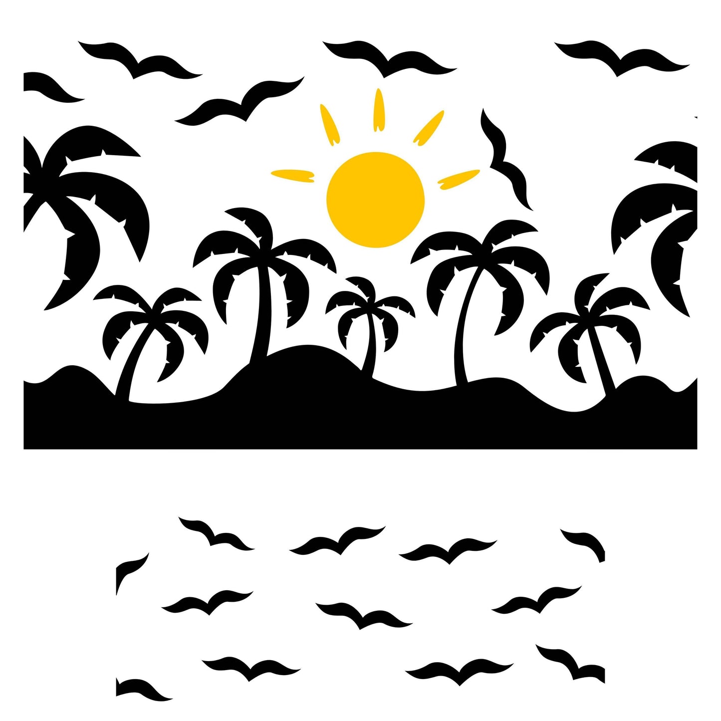 UV DTF 40 oz ready to apply Black palm trees and yellow sun wrap. Summer beachy Permanent sticker. UV wrap quencher #3113