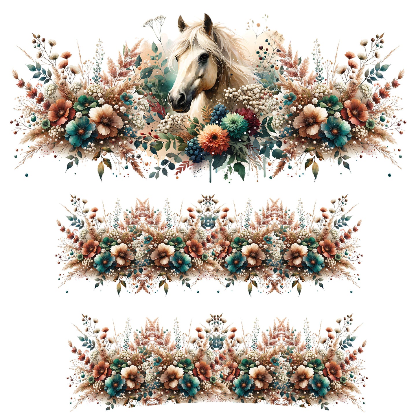 UV DTF 40 oz ready to apply White horse with boho flowers wrap. Summer beachy Permanent sticker. UV wrap quencher #3115