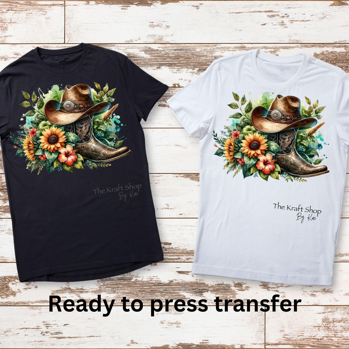 DTF ready to press transfer. Cowgirl boots country western teal and sunflowers, Direct to film heat press transfer. DTF Print #11355