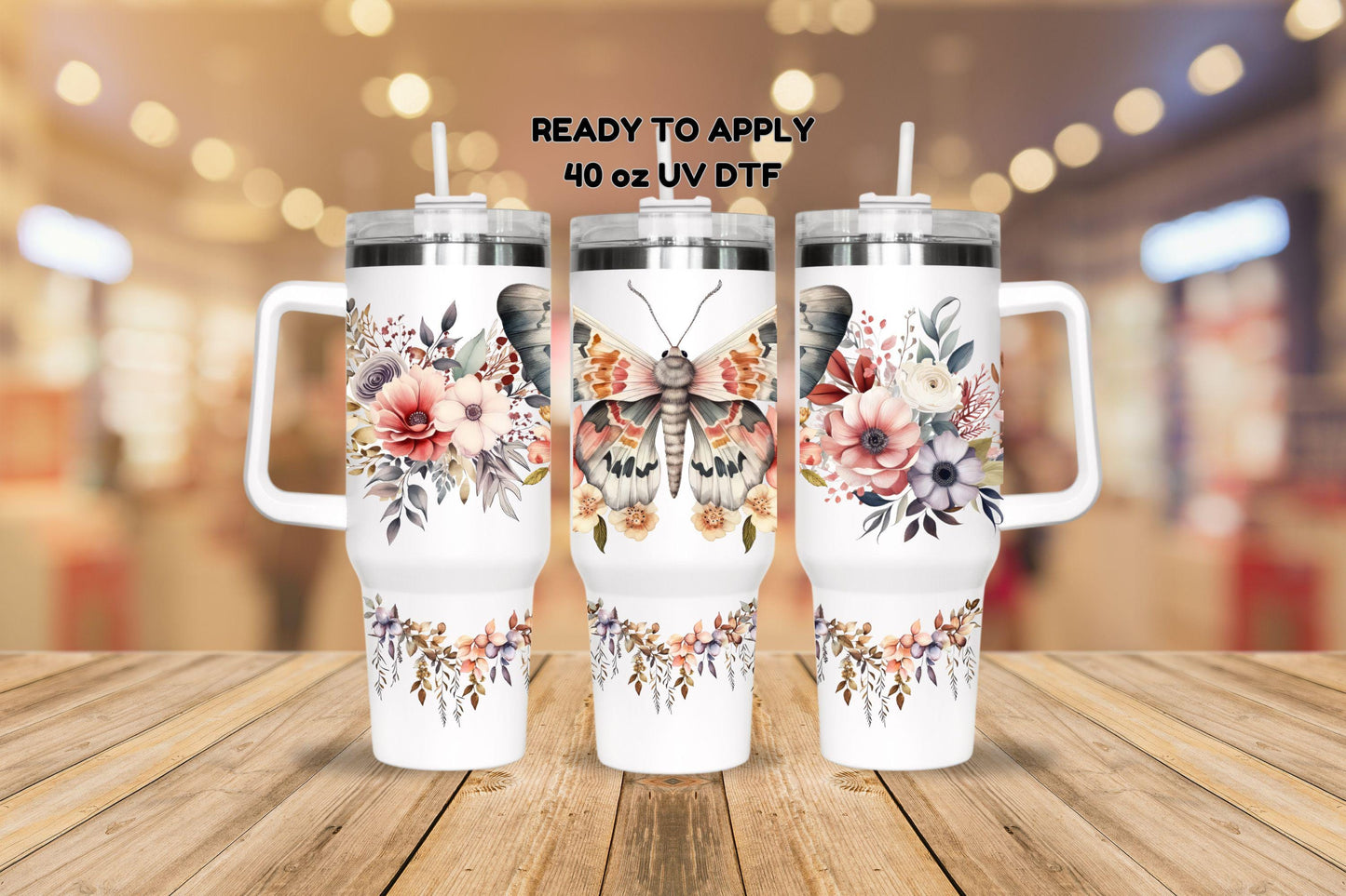 UV DTF 40 oz ready to apply Boho floral moth butterfly with flowers decal permanent sticker. UV wrap quencher #3095