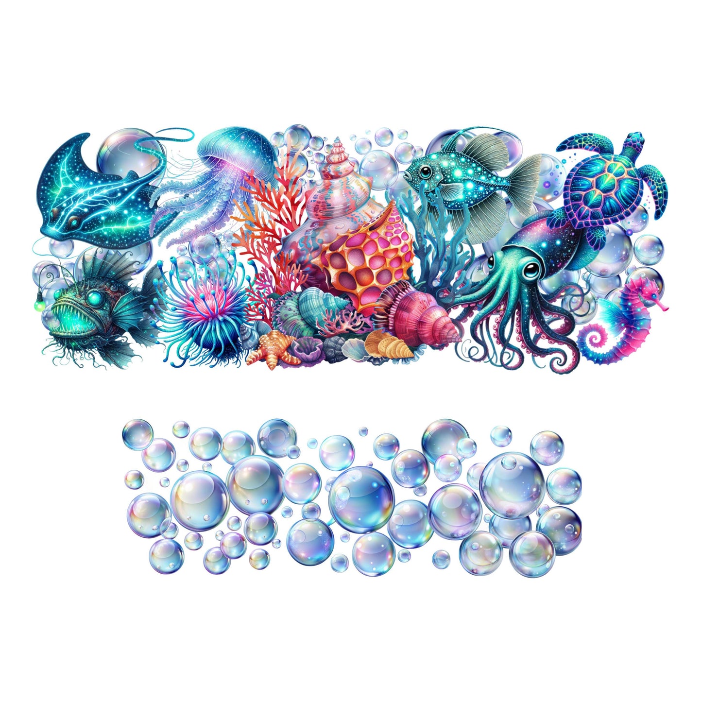 UV DTF 40 oz ready to apply Under the sea and bubbles sea creature decal permanent sticker. UV wrap quencher #3097