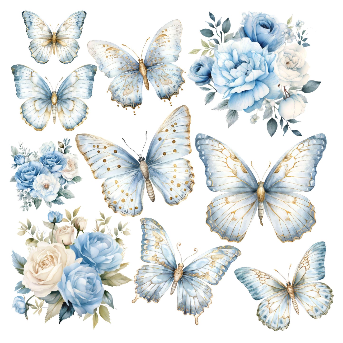 UV DTF Sticker print Blue Gold butterflies Element sheet 8x8 decal, tumbler decal, permanent sticker. #10170