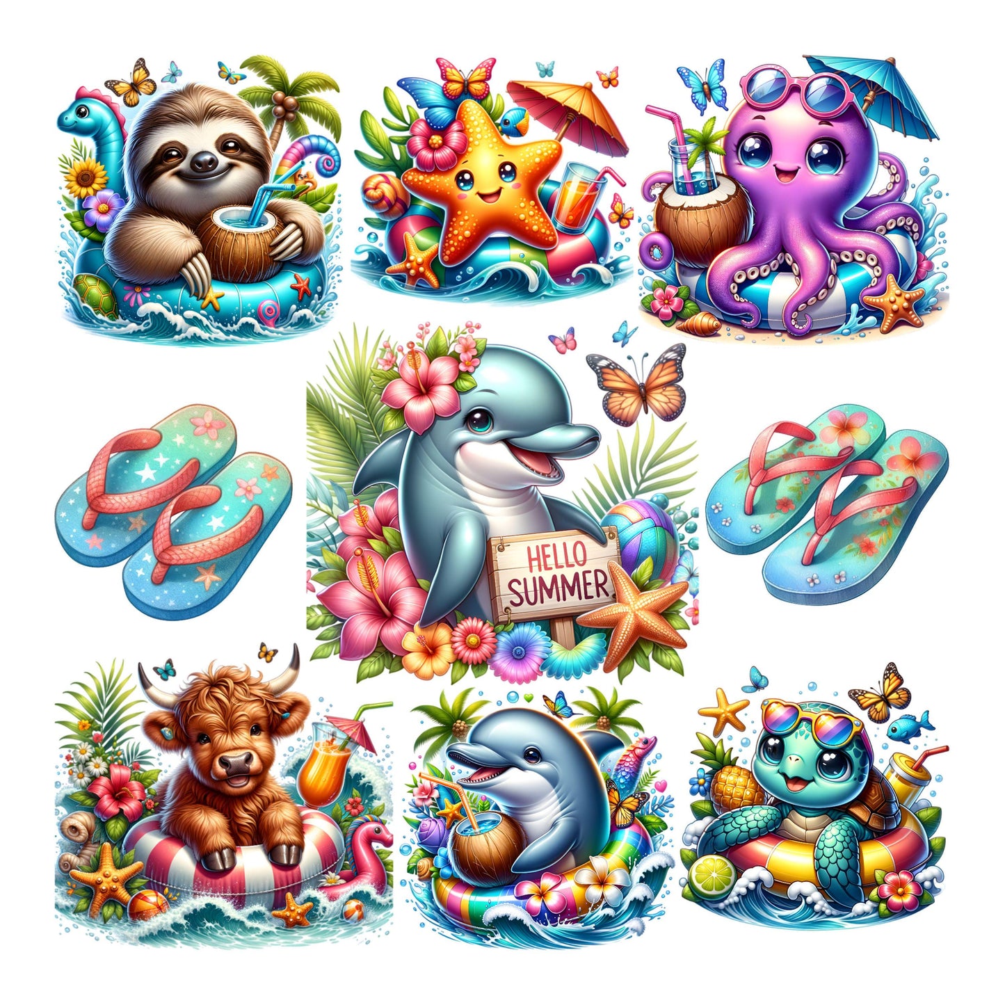 UV DTF Sticker print Summer animals Element sheet in two sizes decals, tumbler decal, permanent sticker. #10170