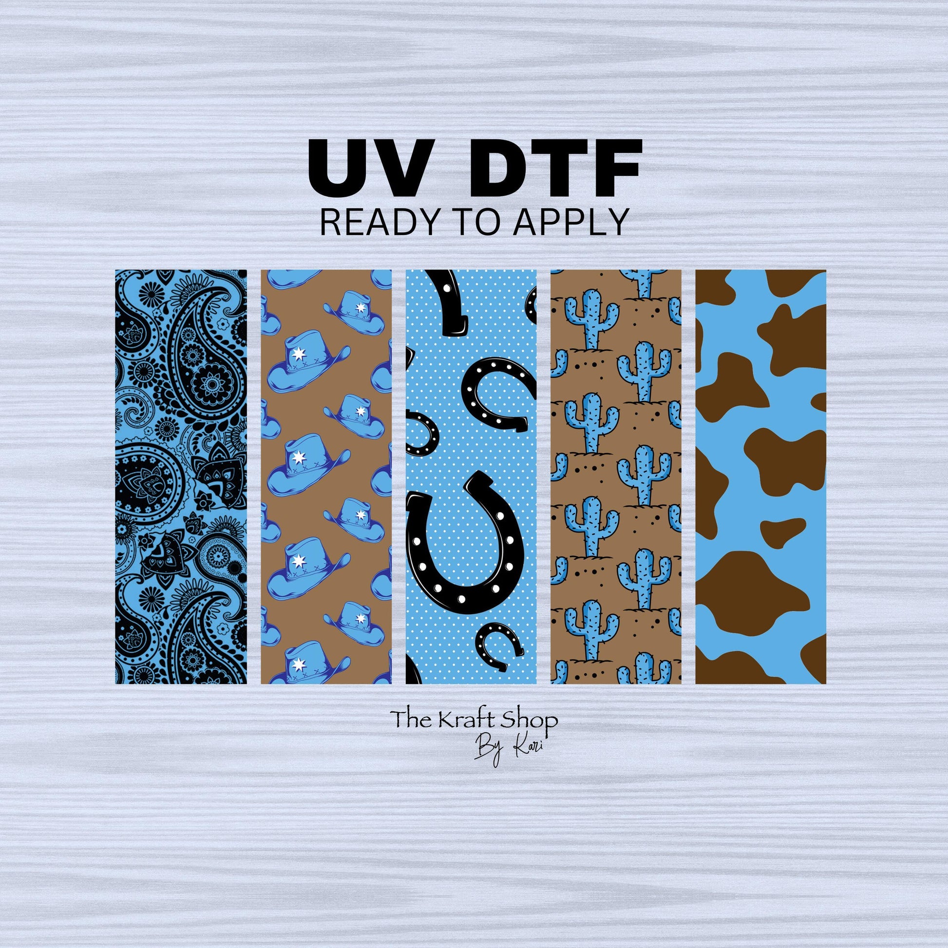UV DTF Pen Wrap Ready To Apply Sticker Print. Full color Blue Western Cowboy Bundle of 5 Uv Dtf Pen wraps. #8027