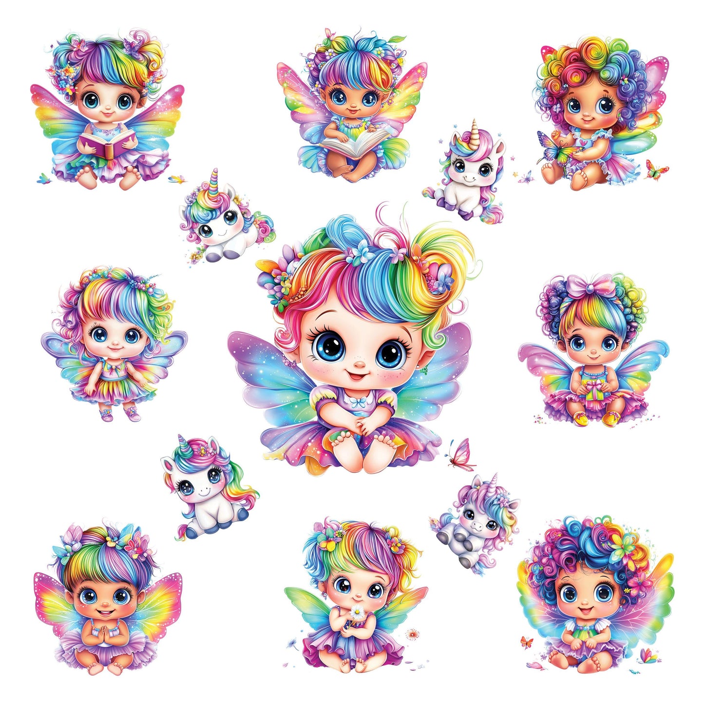 UV DTF Sticker print. Baby Fairy rainbow colors with unicorns element bundle of decals, tumbler decal. #10202