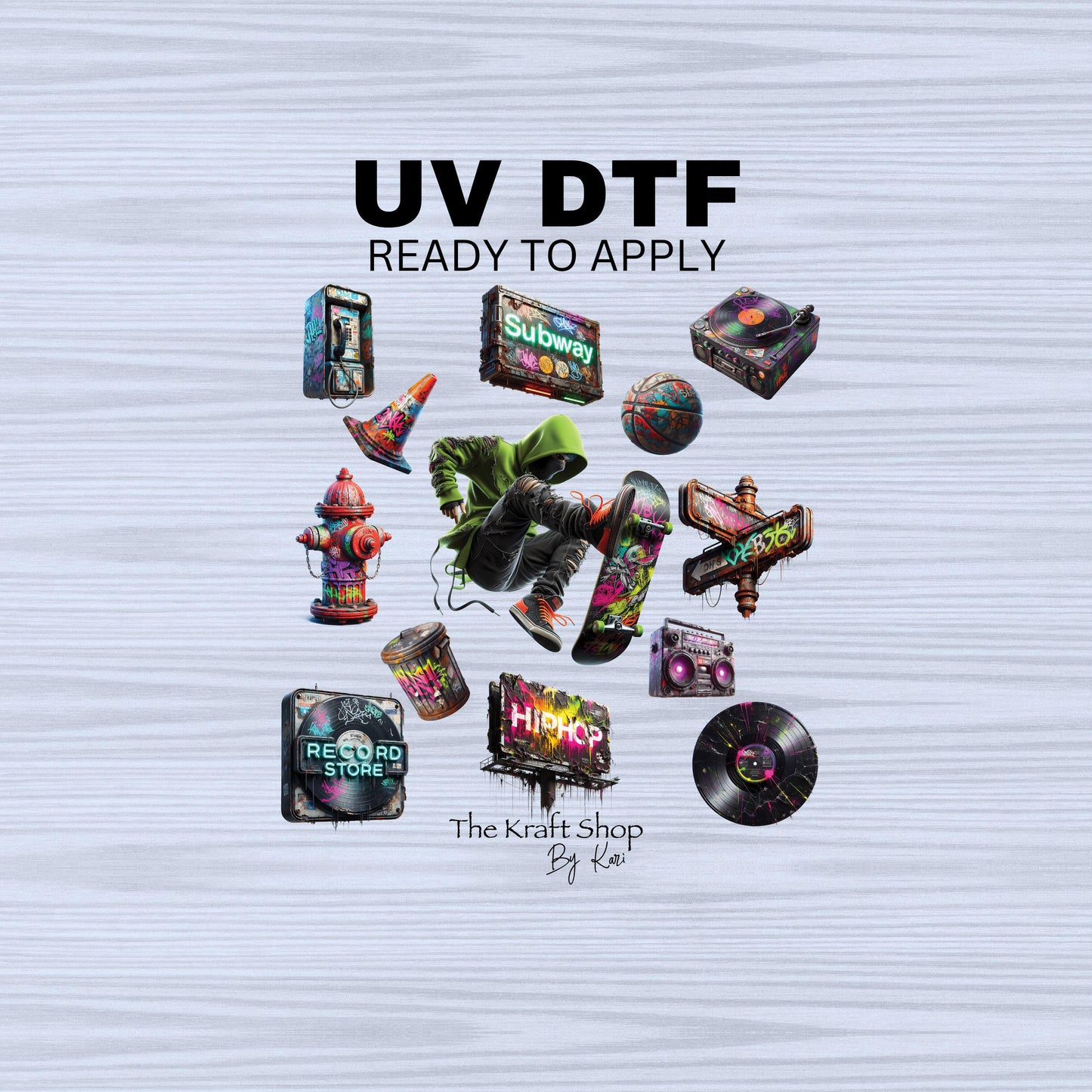 UV DTF Sticker print. Skateboarding graffiti hip hop element bundle of decals, tumbler decal. #10208