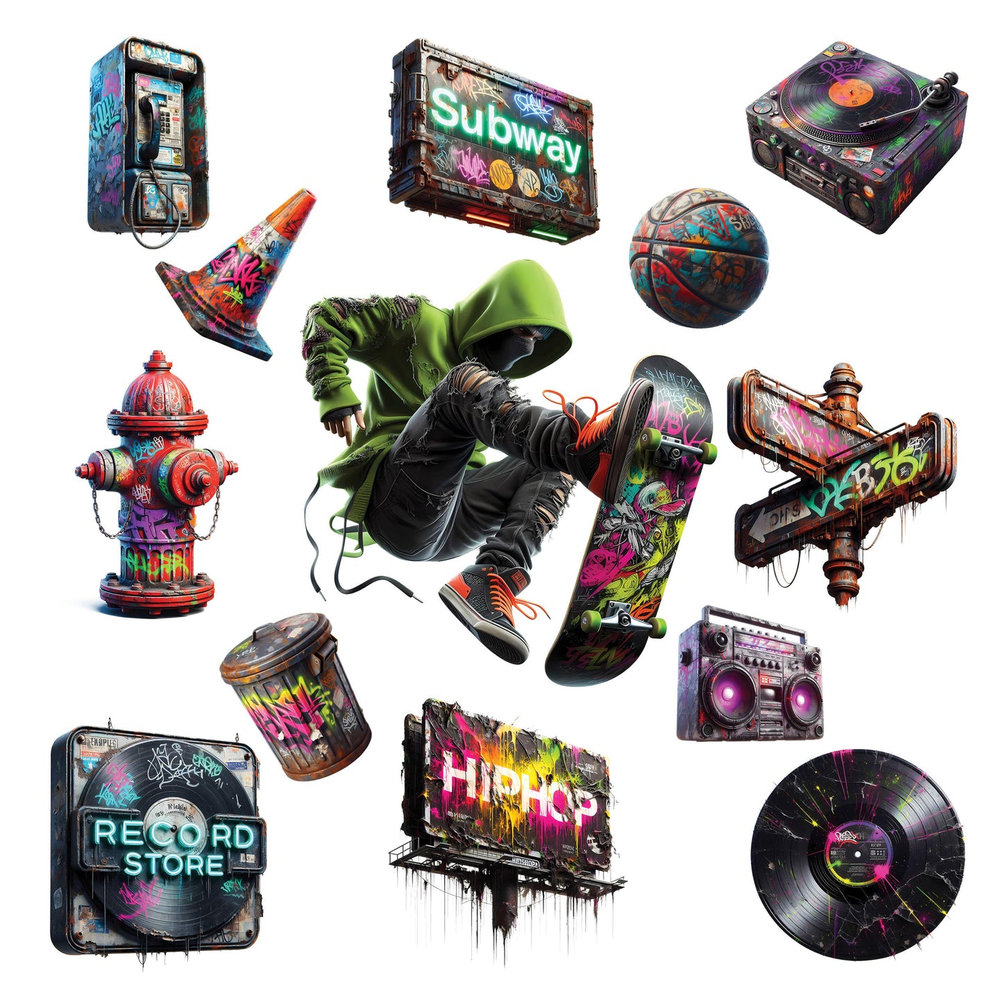 UV DTF Sticker print. Skateboarding graffiti hip hop element bundle of decals, tumbler decal. #10208