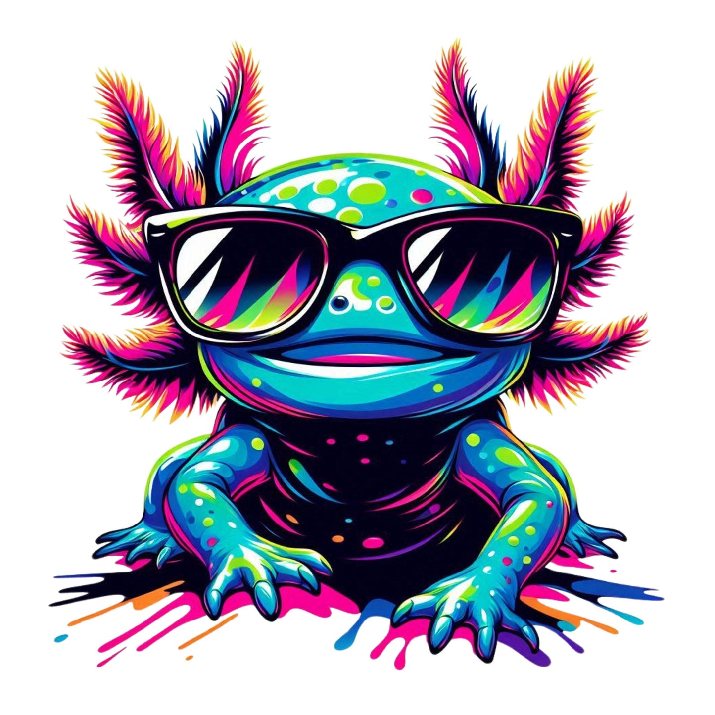 UV DTF Sticker prints. Neon axolotl with neon sunglasses, permanent sticker.#1055