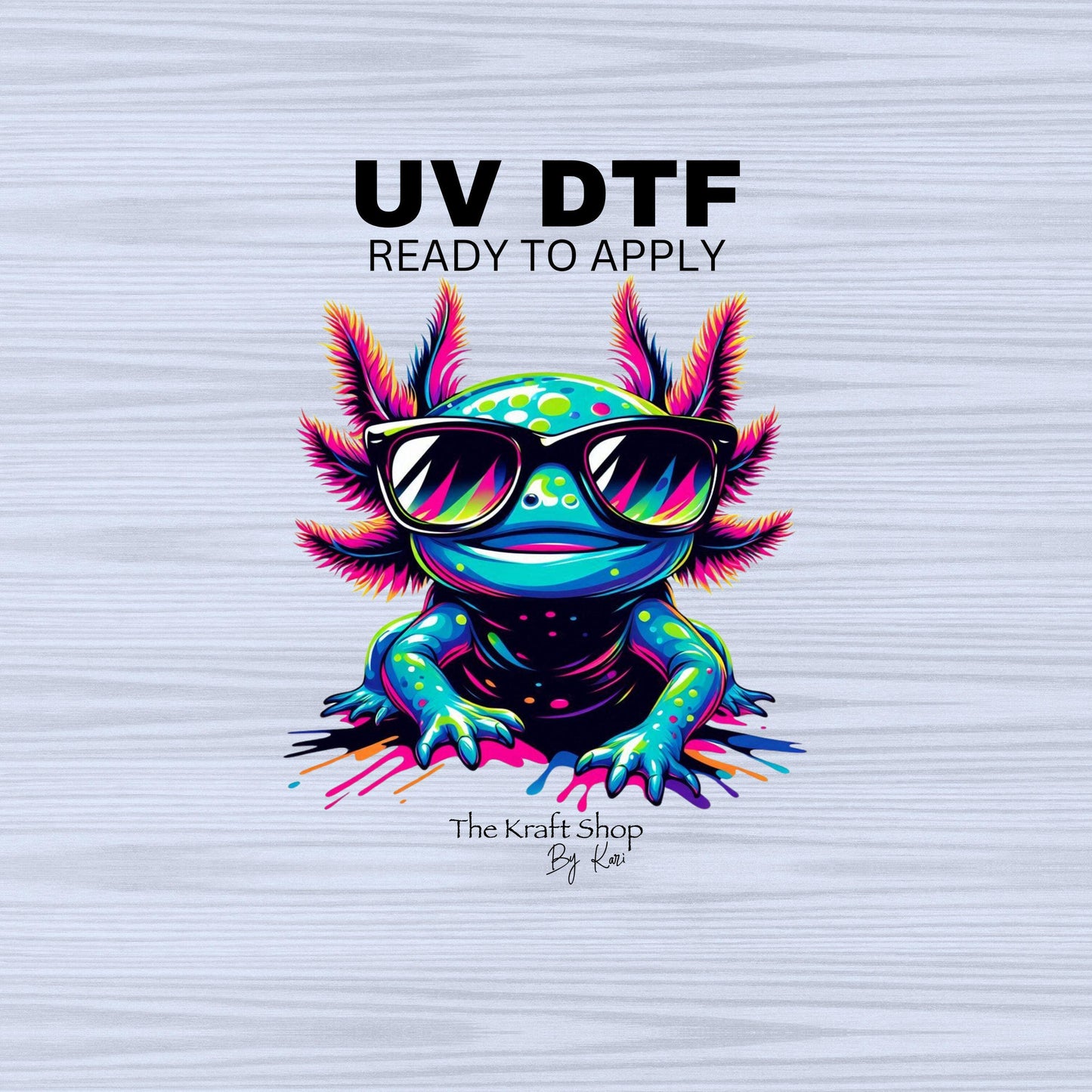 UV DTF Sticker prints. Neon axolotl with neon sunglasses, permanent sticker.#1055