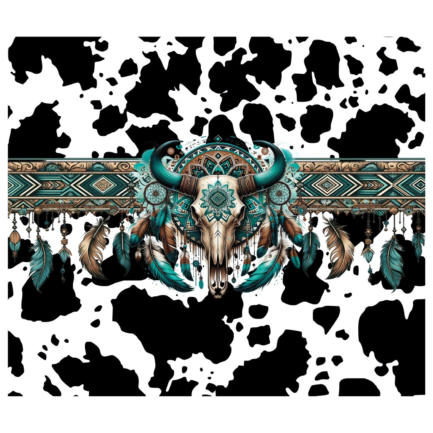 UV DTF Sticker prints. Teal bull skull cowhide wrap black or brown spots decal, permanent sticker. #10224