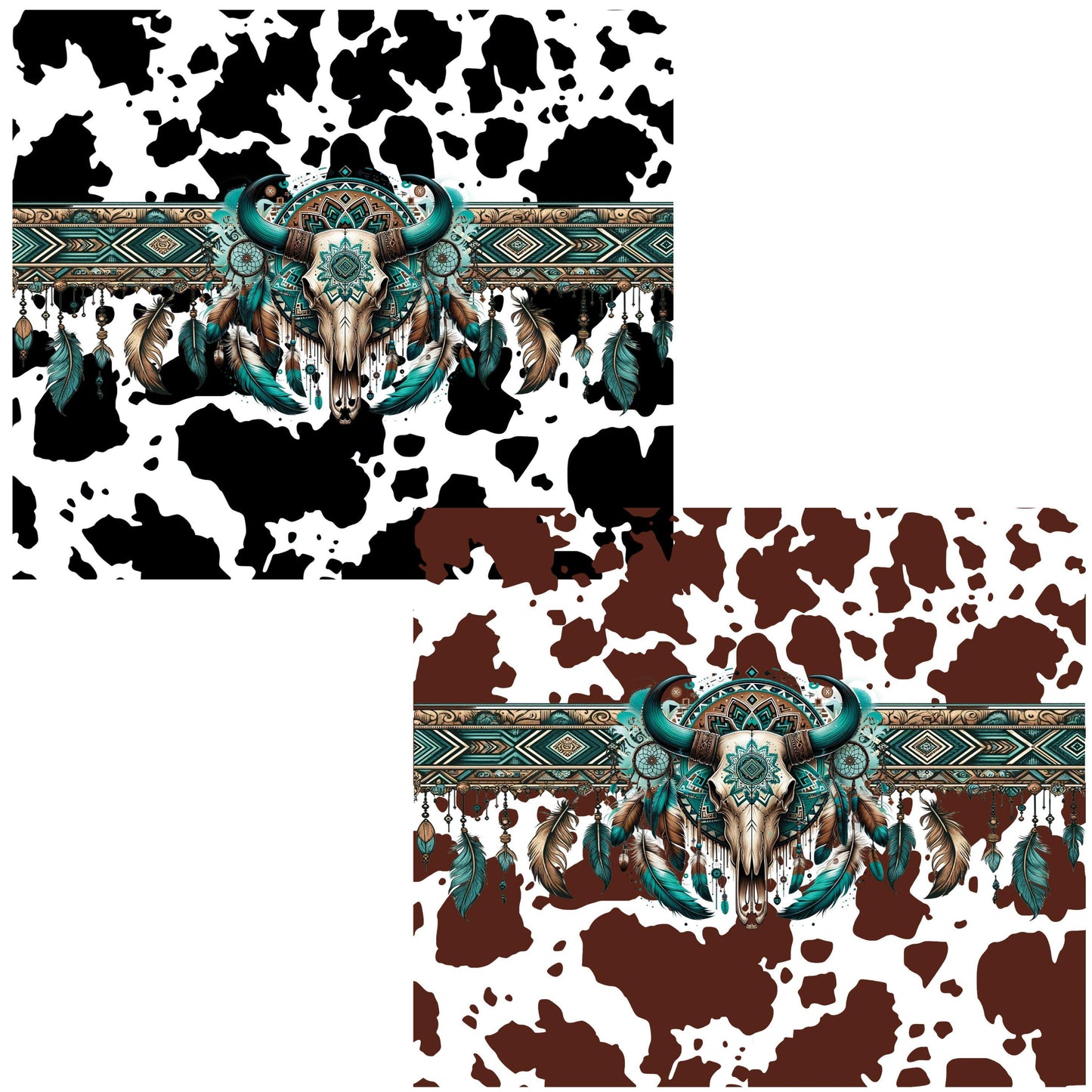 UV DTF Sticker prints. Teal bull skull cowhide wrap black or brown spots decal, permanent sticker. #10224