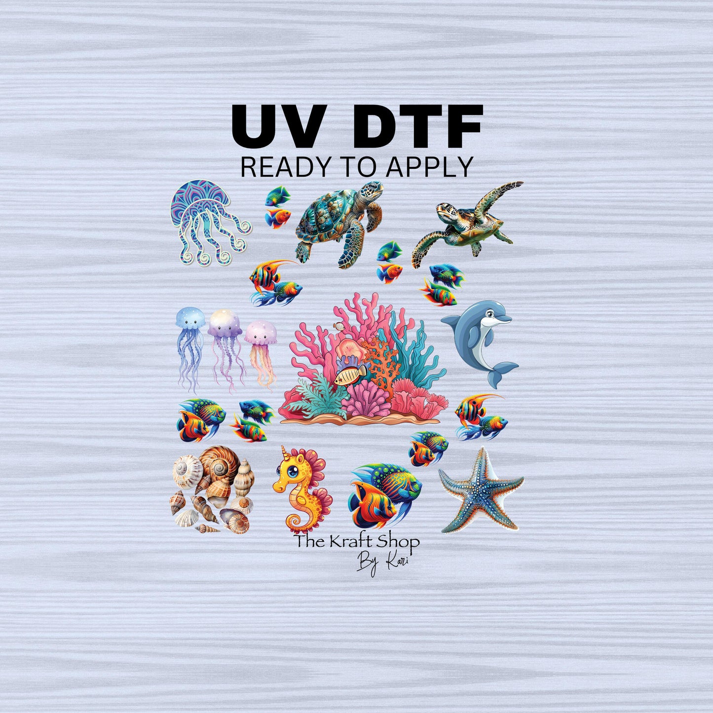 UV DTF Sticker prints. Ocean sea life element sheet bundle decal, permanent sticker. UV wrap for glass can tumbler. #1058