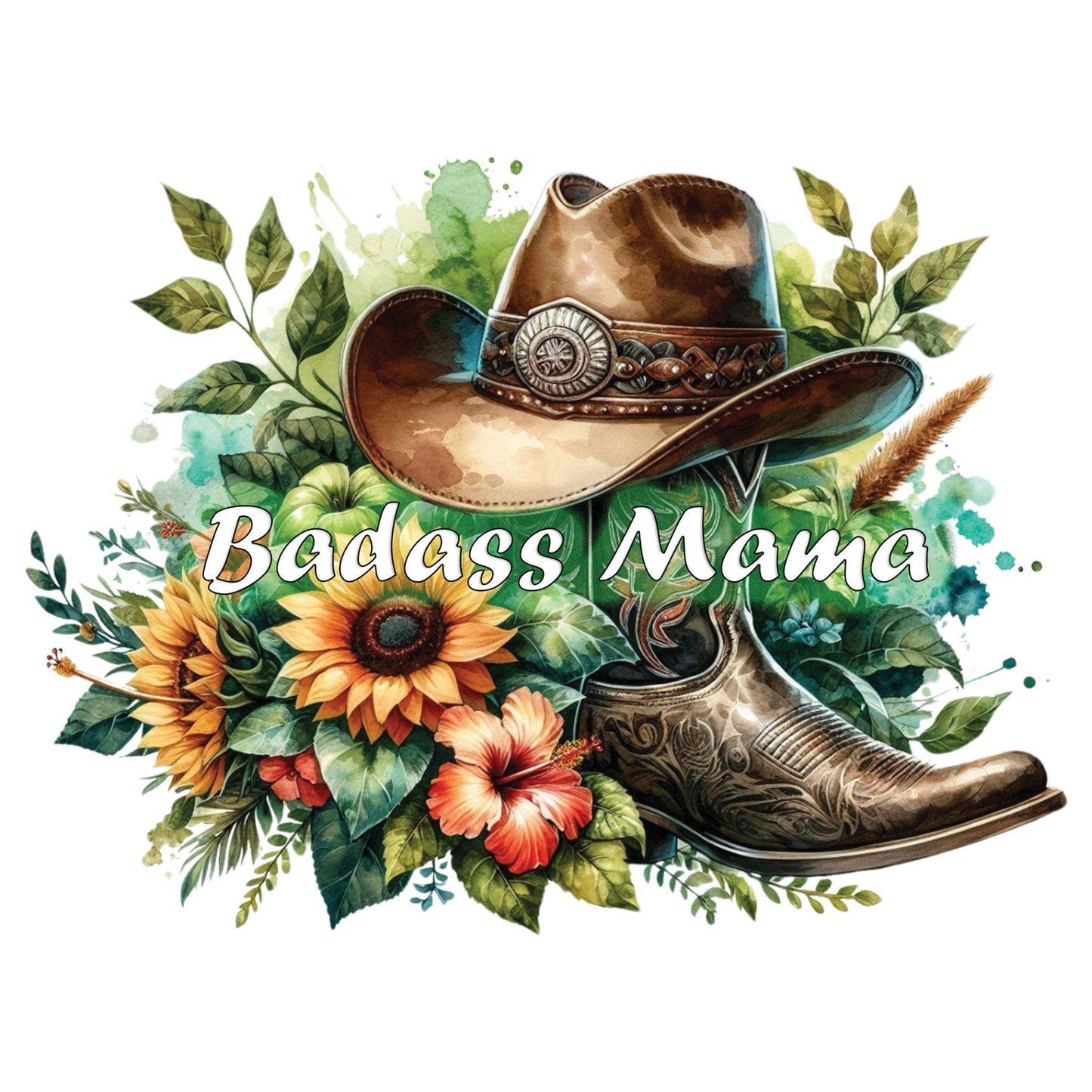 UV DTF Sticker print. Badass Mama cowgirl boots and hat decal, tumbler decal, permanent sticker. Uv wrap for glass can tumbler. #4396