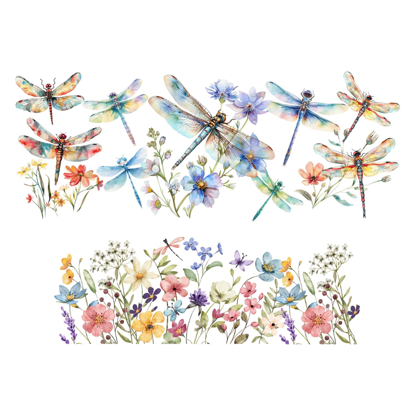 UV DTF 40 oz ready to apply Dragonflies with wild flowers wrap permanent sticker. UV wrap quencher #3105