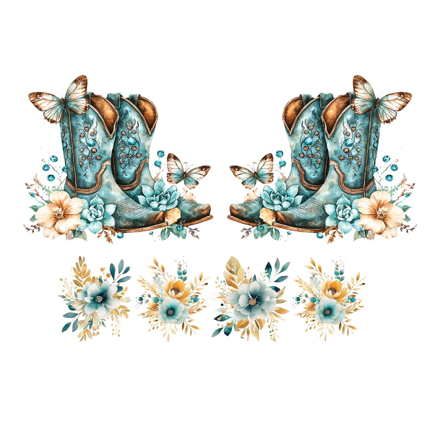 UV DTF 40 oz ready to apply Teal cowgirl boots with flowers and butterflies wrap permanent sticker. UV wrap quencher #3106