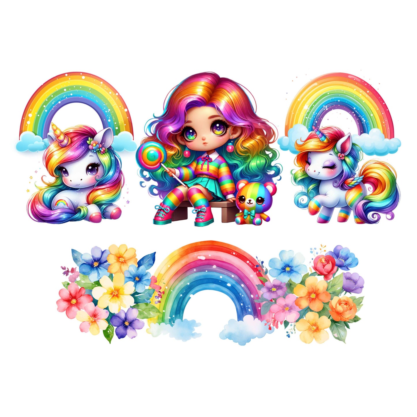 UV DTF 40 oz ready to apply Rainbow unicorns with flowers, rainbows and cute girl wrap permanent sticker. UV wrap quencher #3107